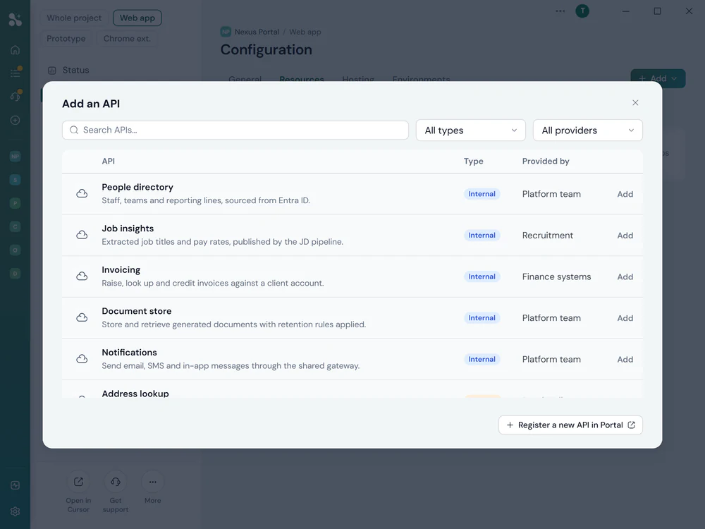 The Add an API panel, listing the organisation's registered APIs with the team that provides each one and an Add button on every row