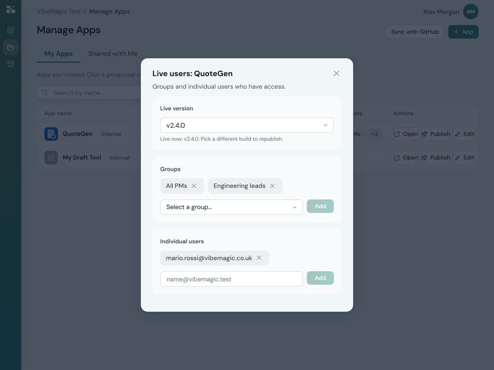 The live users panel for one published tool, naming the version that is live and listing the groups and the individual people who can open it