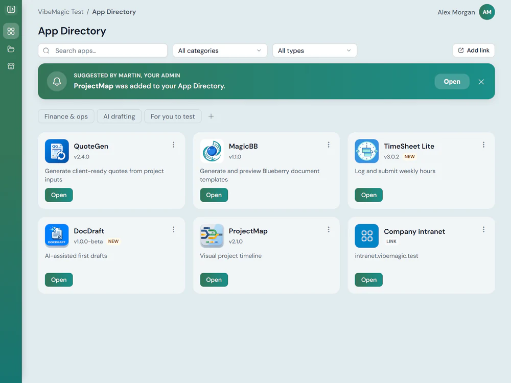 The VibeMagic App Directory as an ordinary user sees it: a searchable grid of published tool cards, each with its icon, name, version and one line on what it does, above a button that opens it