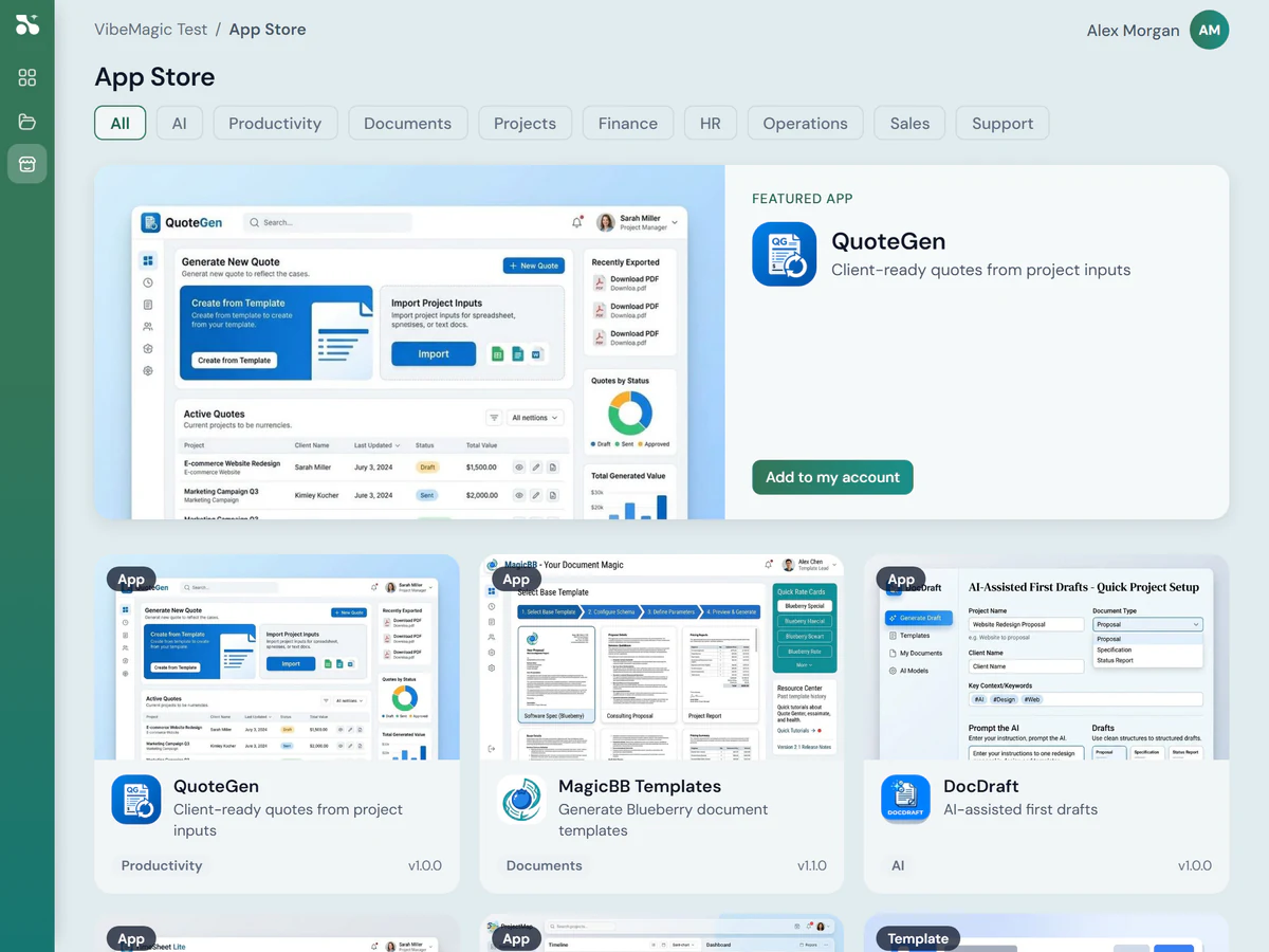 The VibeMagic App Store, with its catalogue filtered by category, a featured app beside a button that adds it to the account, and a grid of app cards below naming each app, what it does, its category and its version