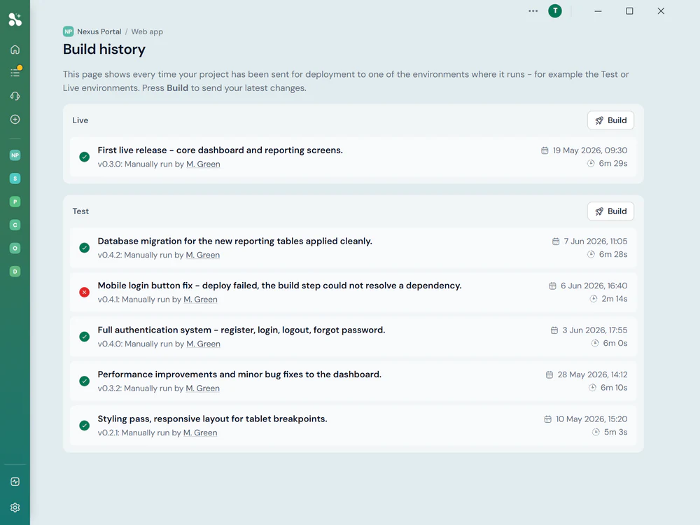 The build history for a project, with a Build button and the release record for its Live and Test environments, one of the deploys having failed