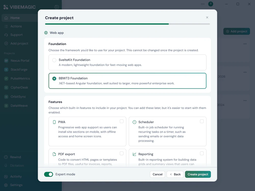 The Foundation step of the same dialog for a web app project, choosing between the SvelteKit Foundation for fast-moving web apps and the BBWT3 Foundation for larger .NET-based enterprise work, above the built-in features to include