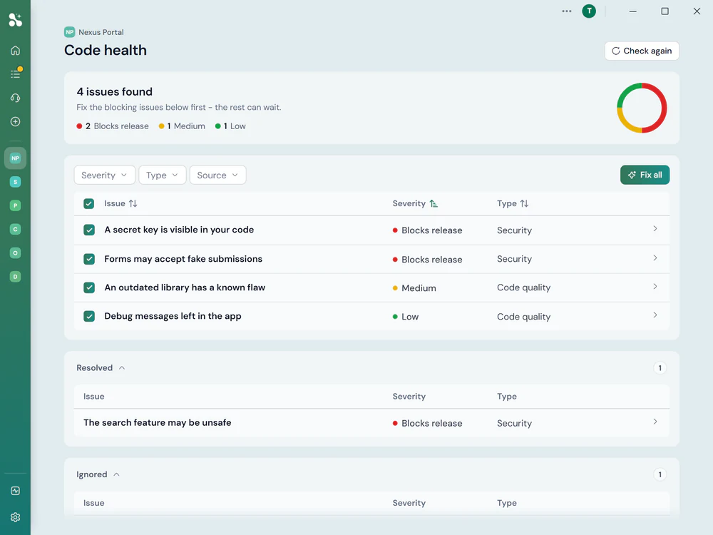 The Code health screen, listing four issues found by severity and type, the two that block release first, with a control to fix them all