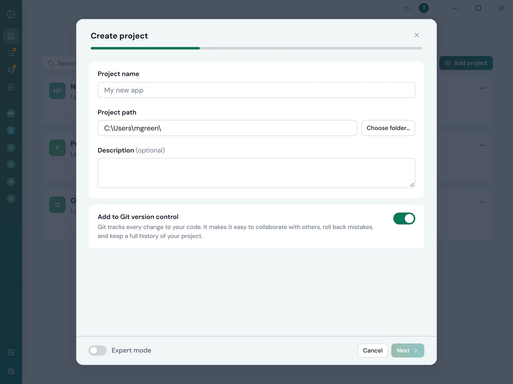 The Create project dialog on its first step, naming the project, choosing the folder it will live in and leaving Git version control switched on