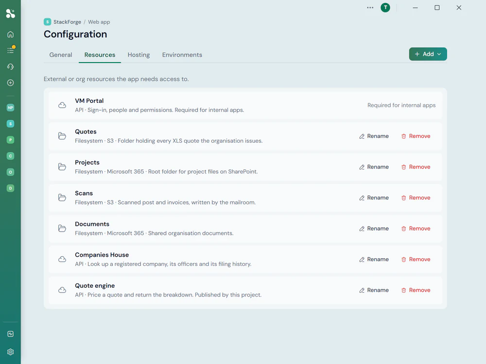 A project's Resources tab, listing the filesystem folders it can reach from S3 and from Microsoft 365, each named and described, alongside the APIs it uses