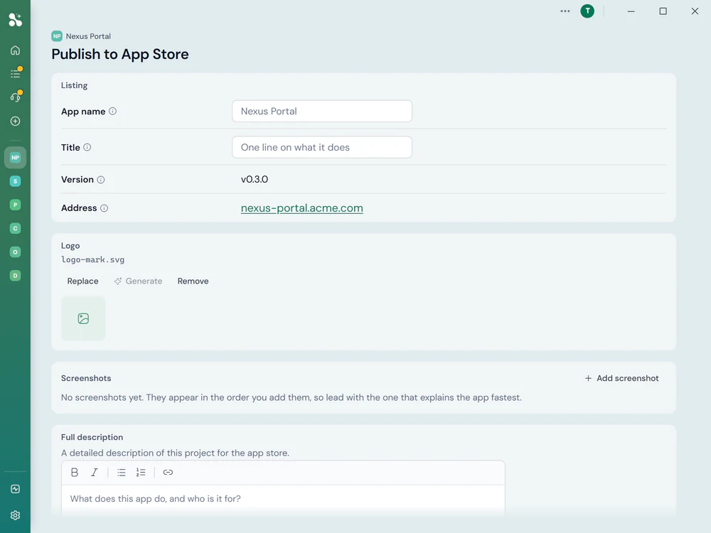 The Publish to App Store form, taking the app's name, a one-line title, its version and address, then its logo, screenshots and a full description