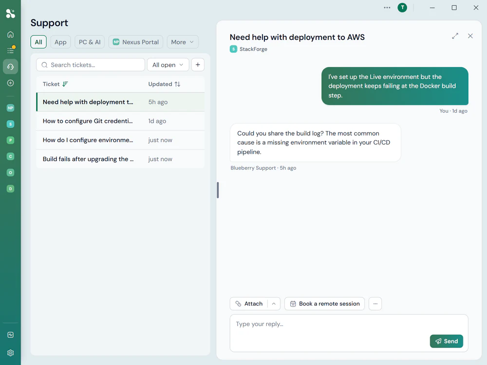 The built-in support platform, with the ticket list beside an open thread where a reply from the support team sits above controls to attach files or book a remote session